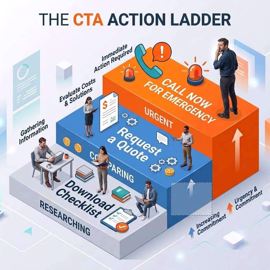CTA action ladder infographic showing how website calls to action should match buyer urgency from researching to comparing to urgent action