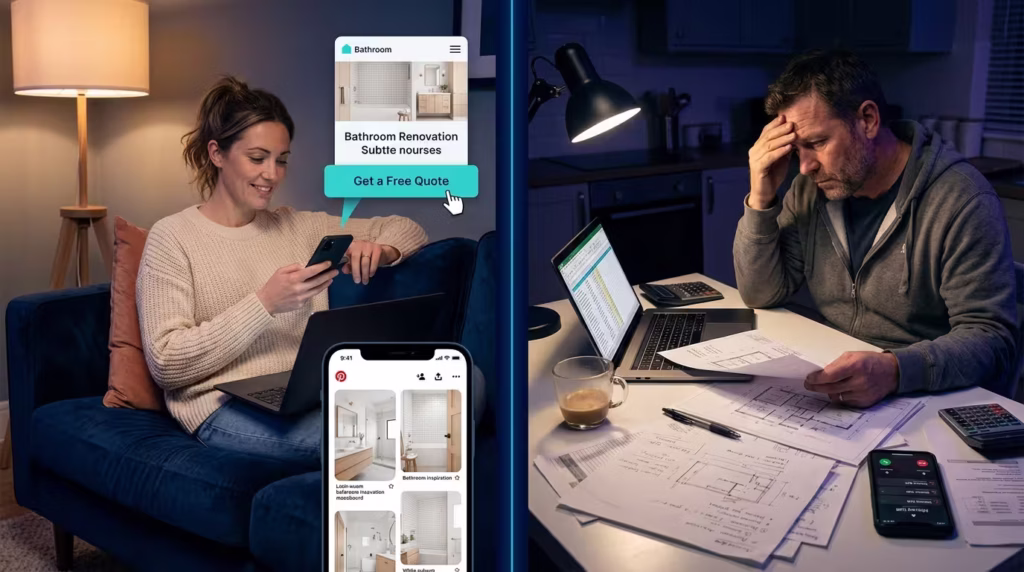 A “Get a Free Quote” button may take 30 seconds for a homeowner to click, but it can cost a bathroom builder hours in calls, site visits, measuring, quoting, and follow-up. PixelDreams uses this idea to show why bathroom renovation websites should qualify leads before they reach the builder’s calendar.