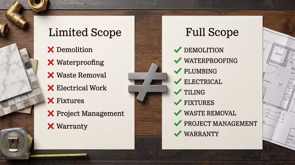 A comparison graphic showing two bathroom renovation quote scopes side by side. The left quote shows a limited-scope renovation with key items excluded, including demolition, waterproofing, waste removal, electrical work, fixtures, project management, and warranty. The right quote shows a full-scope renovation with those core inclusions clearly covered. The image highlights why cheaper bathroom renovation quotes are not always comparable.